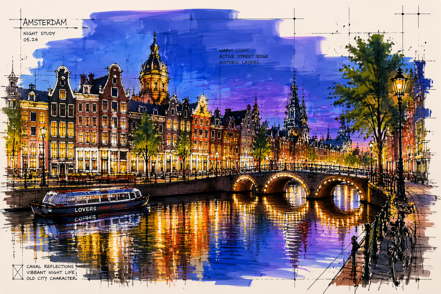 Valaistuja historiallisia rakennuksia Amsterdamin kanavan varrella yöllä