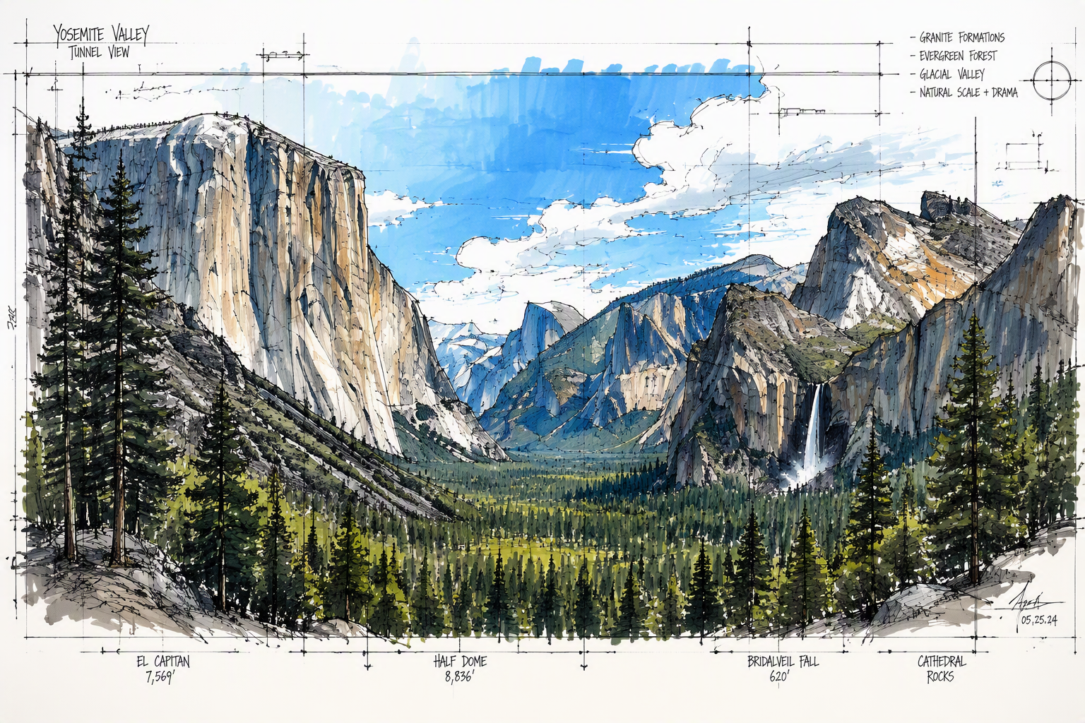 Yosemite-laakson jylhät maisemat ja vehreät metsät